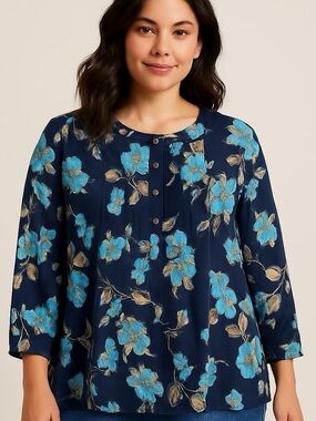 J. Jill Navy Floral Blouse Cotton Size XL
